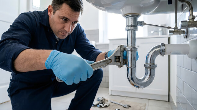 Professional plumber using a metal wrench to fix a sink pipe in a kitchen
