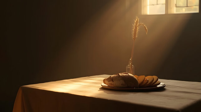 Sacred Communion: A simple yet profound arrangement of bread and wheat stalks bathed in ethereal light streaming through a window, symbolizing spiritual nourishment and sacred ritual.