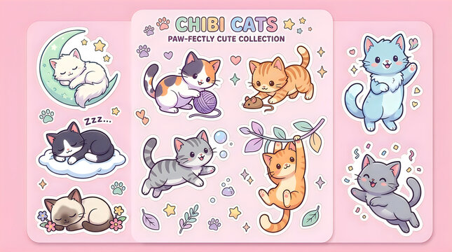 Set of cute chibi cats doing different activities like sleeping and playing in a kawaii sticker style