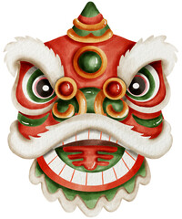 Lunar new year concept ,Chinese lion dance mask with red green and white colors and festive decoration for celebration