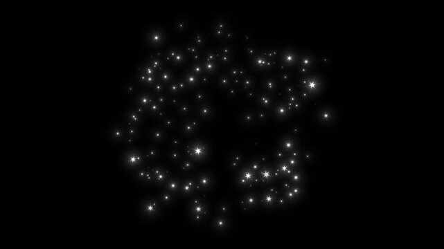 Glowing bright white star explosion particle burst animation expanding and scattering sparkling magic light effects loopable overlay motion graphics isolated on black background. 4k video.