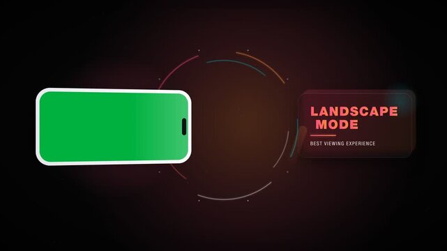 Mobile phone screen mockup with green chroma key display rotating from portrait to landscape orientation with glowing HUD UI element