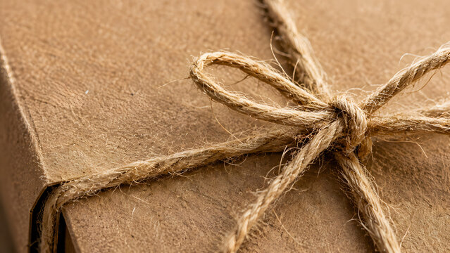 Wrapped package with twine string tied in a bow on a brown surface