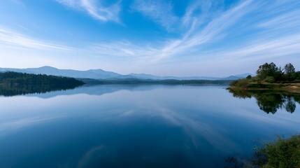 Fototapeta premium A serene lake mirrors a vast blue sky and distant mountain ridges under soft wispy clouds