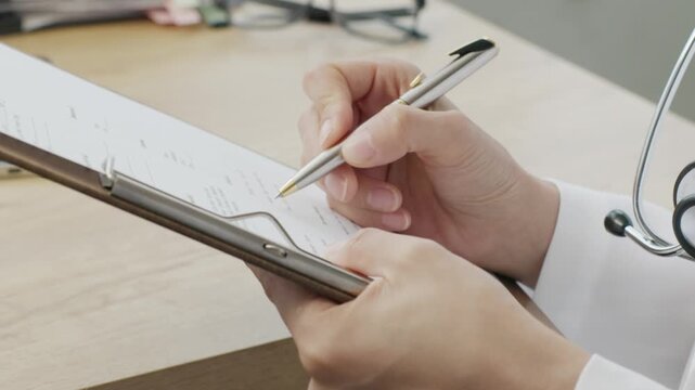 Close-up of female doctor hands writing on medical chart