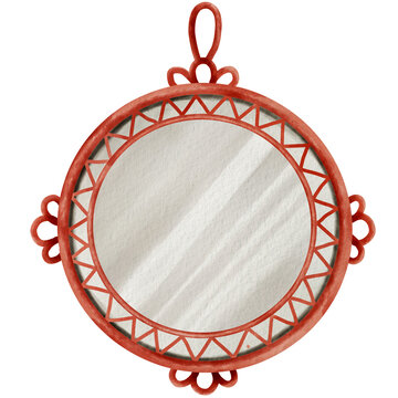 Lunar new year concept ,Round decorative mirror with red geometric frame and loop hanger for wall decor