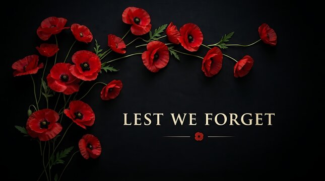Remembrance day background with red poppies and text lest we forget