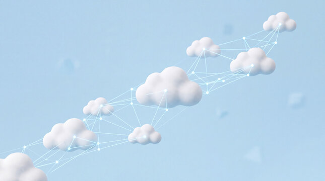3D fluffy white clouds connected by digital blue wireframe network lines symbolizing cloud computing technology server infrastructure data storage and global online connectivity system