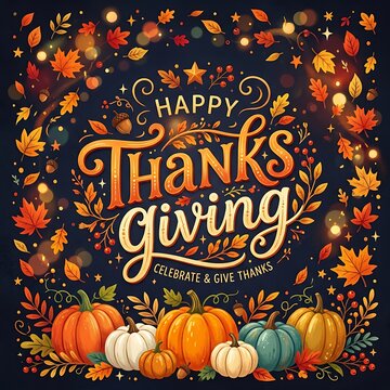 Happy thanksgiving greeting card design with colorful autumn leaves and pumpkins