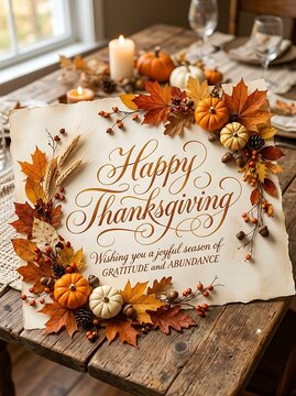 Happy thanksgiving sign decorated with autumn leaves and pumpkins on rustic table
