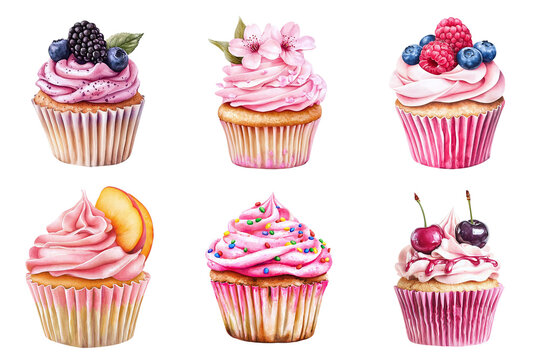 Set of delicious watercolor cupcakes with different flavors: blackberry, blueberry, raspberry, peach, cherry, isolated on a transparent background PNG, template, mockup, cut out