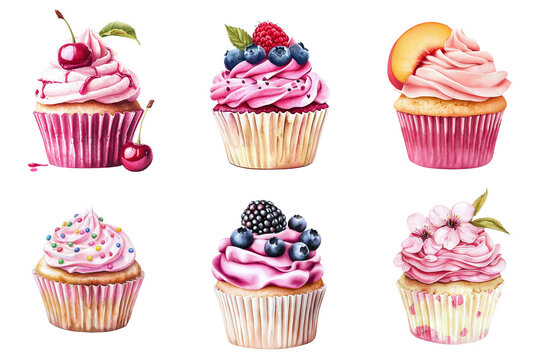 Set collection of delicious watercolor cupcakes with different flavors: blackberry, blueberry, raspberry, peach, cherry, isolated on a transparent background PNG, template, mockup, cut out