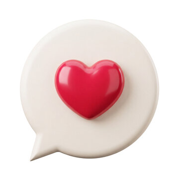 3D white speech bubble with red heart icon isolated on transparent background to illustrate social media like notification online chat and love communication icon for UI