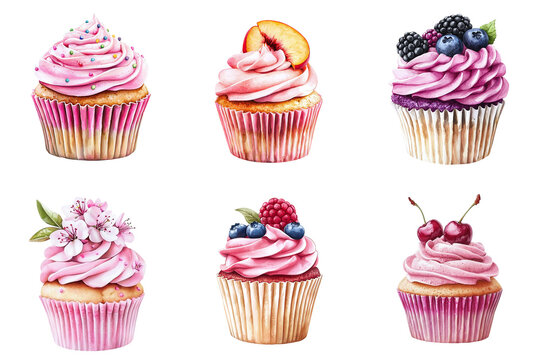 Set collection of delicious watercolor cupcakes with different flavors: blackberry, blueberry, raspberry, peach, cherry, isolated on a transparent background PNG, template, mockup, cut out