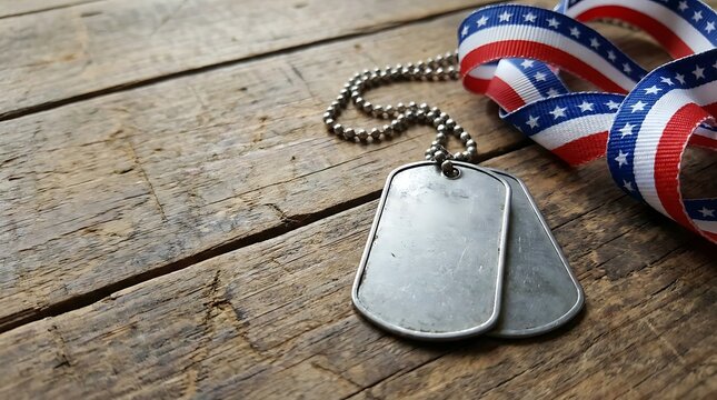Military dog tags with american flag ribbon on a wooden surface