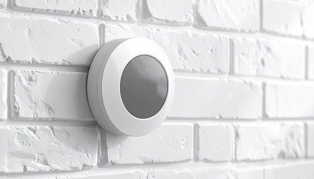 Modern smart home climate control device mounted on a white textured brick wall for energy efficient residential heating and cooling systems.