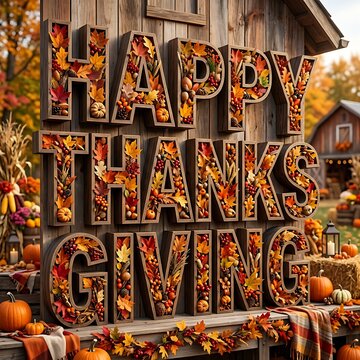 Rustic happy thanksgiving sign decorated with colorful autumn leaves and pumpkins