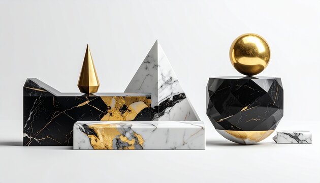Elegant marble and gold geometric podiums for luxury product presentation on white background minimalist display stand for commercial branding.
