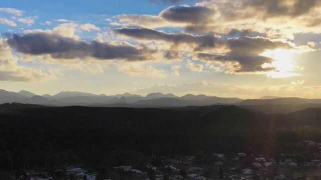 Aerial Sunset View Over Coonabarabran Outback Town and Mountains