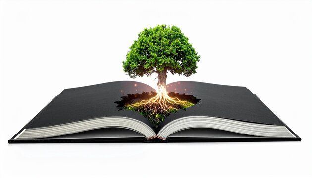 A conceptual image of a glowing magical tree growing out of an open book symbolizing knowledge education imagination and the growth of wisdom.