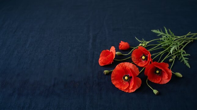 Beautiful red poppy flowers arranged on a dark blue textured background