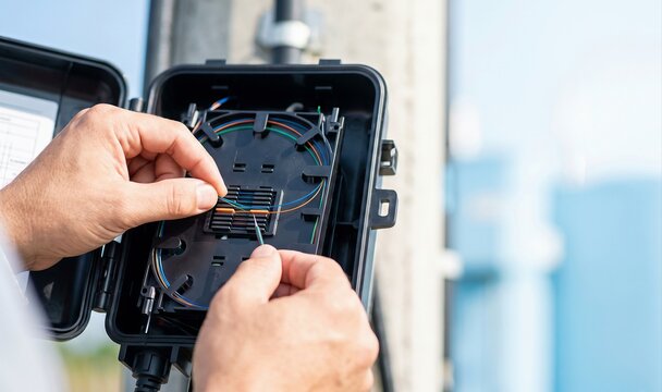 Fiber optic installation technician working on network box outdoors on utility pole, high-speed internet connection development.
