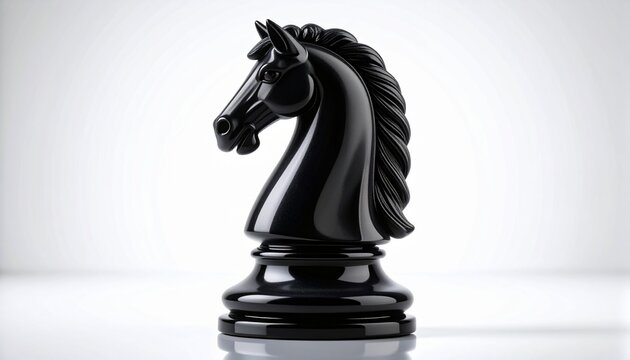 A polished black chess knight piece standing centered against a clean white background representing strategy and intellectual thinking skills.