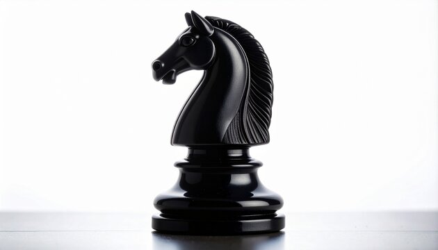 A single black chess knight piece standing on a flat surface isolated against a clean white background representing strategy and leadership.