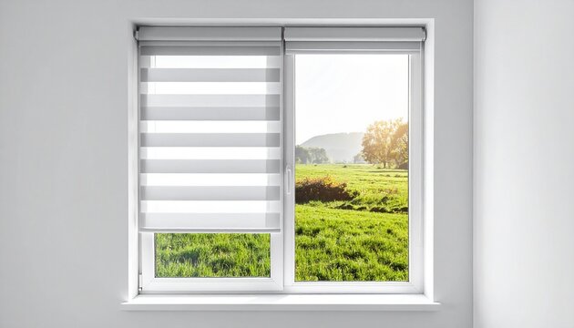 Modern window with stylish striped roller blinds overlooking a sunny green meadow landscape for home interior design and renovation inspiration.