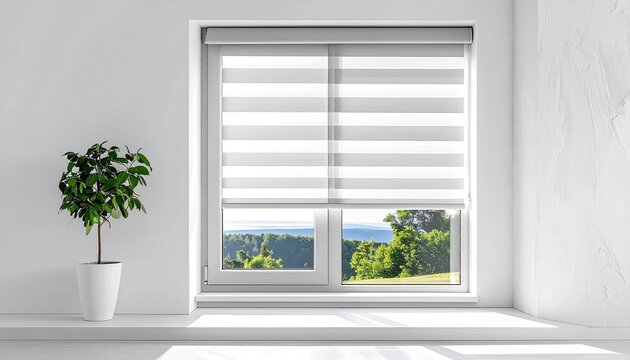 Minimalist interior featuring a modern white room with a zebra roller blind on the window and a decorative potted plant in a sunny bright space.