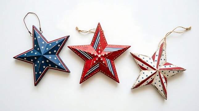 Three decorative metal stars in red white and blue patriotic colors