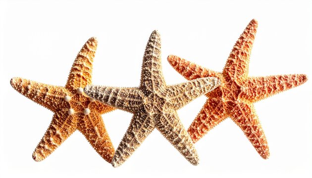 Three beautiful dried starfish placed in a row isolated on a white background representing marine life and summer coastal home decoration themes.