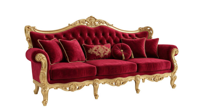 Luxurious red velvet sofa with golden ornate frame and cushions on transparent background.