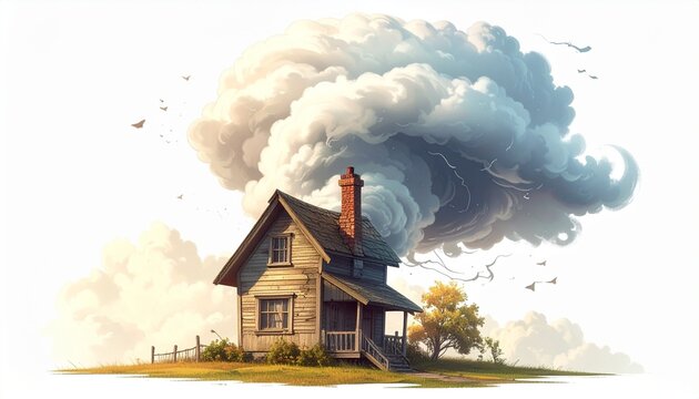 A cozy wooden house with a large cloud of smoke rising from the chimney set against a clean white background for creative conceptual design.