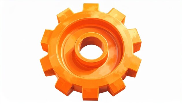 A single bright orange glossy gear cog isolated on a clean white background representing mechanical engineering industrial development and progress.