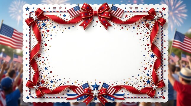 Festive fourth of july celebration border with american flags and confetti