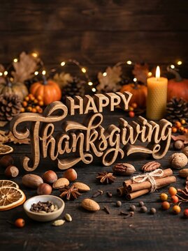 Rustic happy thanksgiving greeting card with autumn decorations and warm candle light