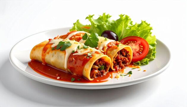 Delicious Mexican enchiladas served on a white plate with fresh salad leaves tomato and a black olive garnish for a gourmet restaurant dinner.