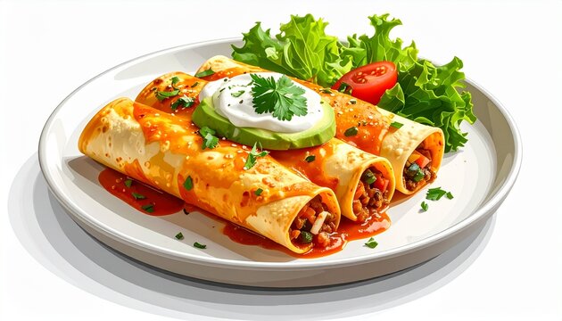 A delicious platter of freshly prepared authentic mexican enchiladas topped with melted cheese sour cream avocado and fresh garnish on a plate.