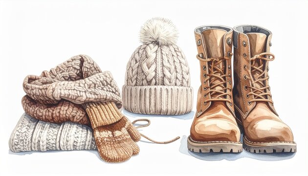 A cozy collection of winter essentials featuring a knitted scarf a warm pompom hat wool mittens and rugged brown leather hiking boots on white.