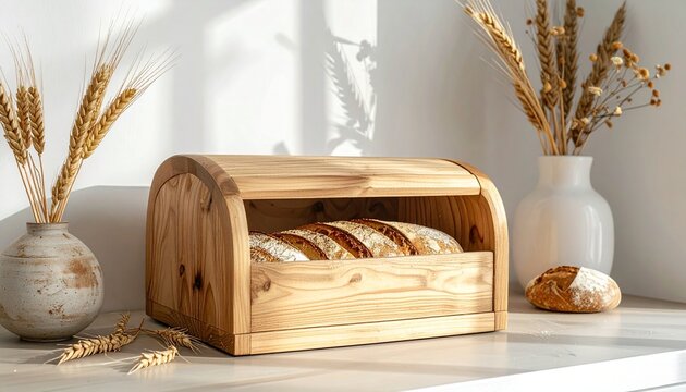 Rustic wooden bread box container sitting on a kitchen counter decorated with dried wheat stalks in ceramic vases for a cozy home atmosphere.