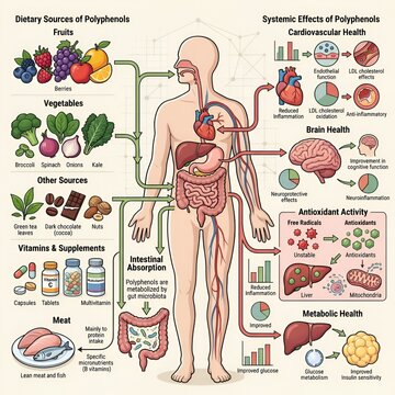 Comprehensive Educational Infographic Illustrating Human Digestive Pathway and Beneficial Physiological Effects of Polyphenol Nutrient Consumption