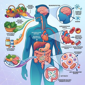 Infographic illustration showcasing the health benefits of dietary polyphenols on human organ systems and overall wellness