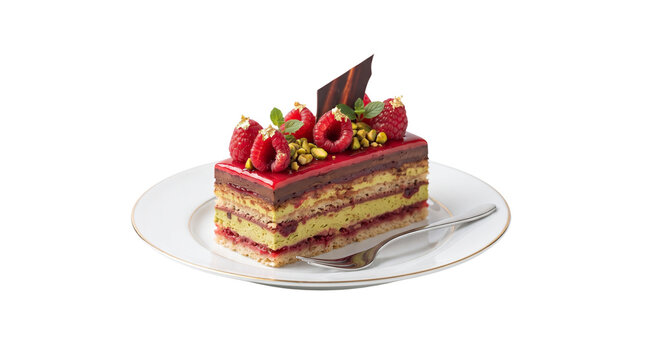 Gourmet raspberry pistachio layer cake on white plate, elegant french opera cake with fresh berries and chocolate, luxury patisserie dessert