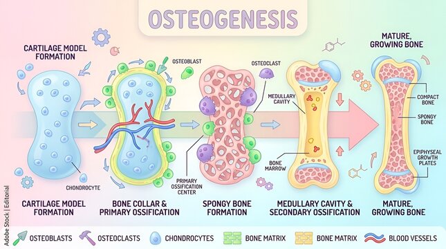 Detailed Biological Diagram Showing the Process of Osteogenesis and Endochondral Ossification in Bone Growth