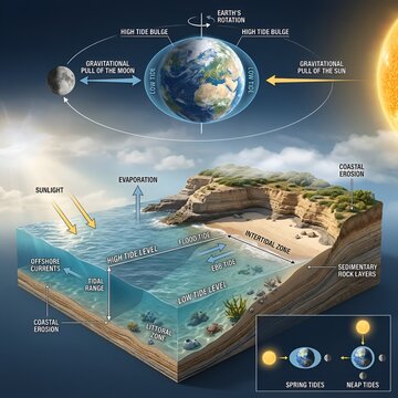 Educational diagram explaining ocean tides caused by gravitational pull of moon and sun on Earth with coastal ecosystem details