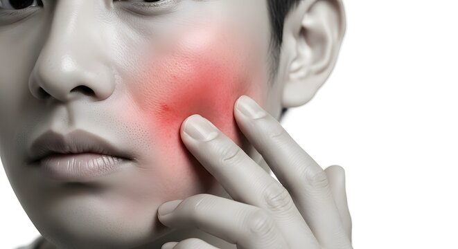 Close-up of a man's face with a red inflamed pimple on his cheek, touching his skin gently.