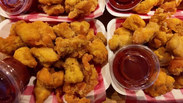 Top view of crispy popcorn chicken served in takeaway boxes with barbecue dipping sauce at a Thai night market. Freshly fried golden chicken bites prepared for street food lovers. Perfect fast food sn