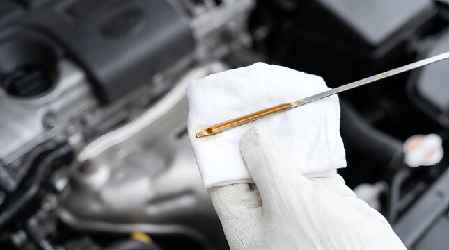 Mechanic gloved hands holding dipstick checking engine oil level in car