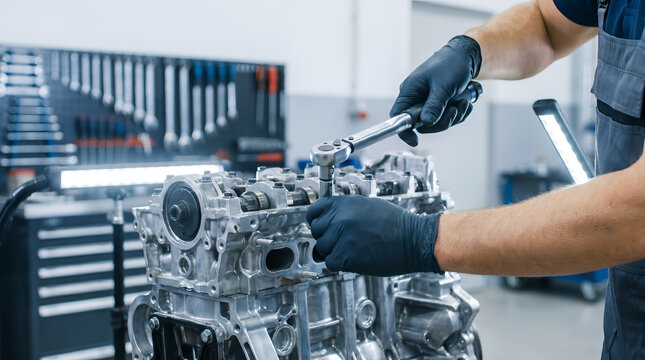 Mechanic hands in blue gloves assembling car engine block with metal wrench